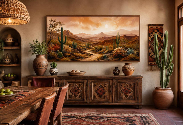 Southwest desert mountain canvas wall art featuring saguaro cacti and a sunset in a rustic room.
