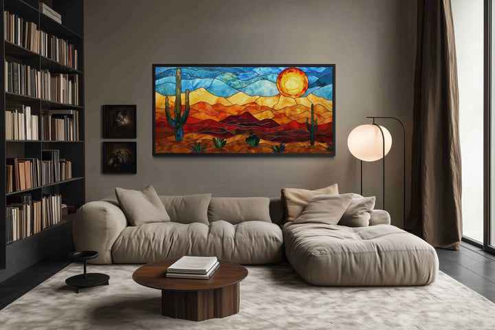 Framed desert landscape canvas art in stained glass style.