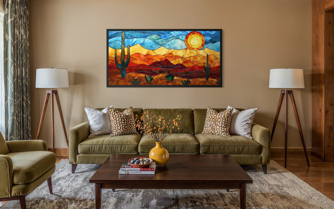Framed desert wall art in stained glass style with cacti and sun.