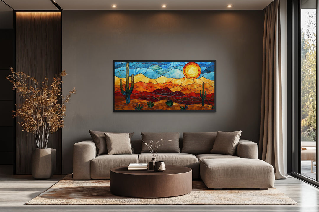 Framed canvas wall art with a stained glass style desert landscape.