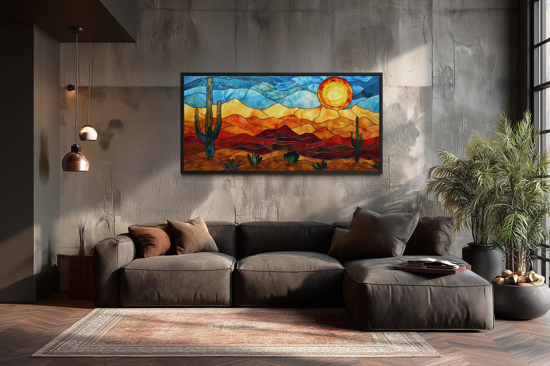 Desert Wall Art – Southwestern Decor Framed Canvas With Stained Glass Style