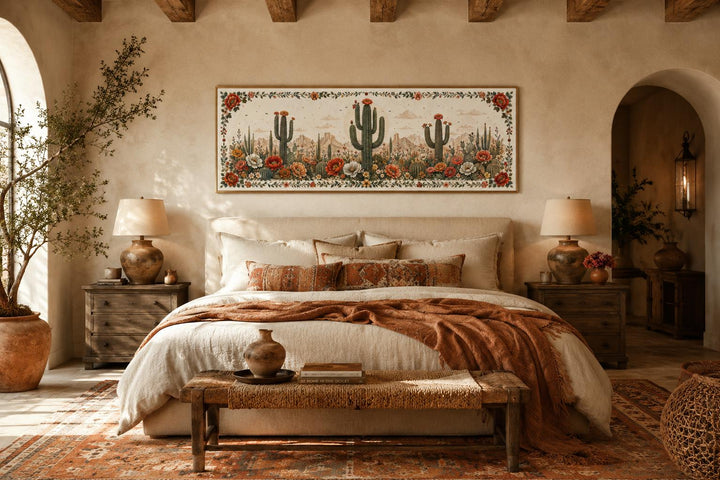 Long narrow canvas wall art featuring saguaro cacti and desert flowers in a Southwestern bedroom.