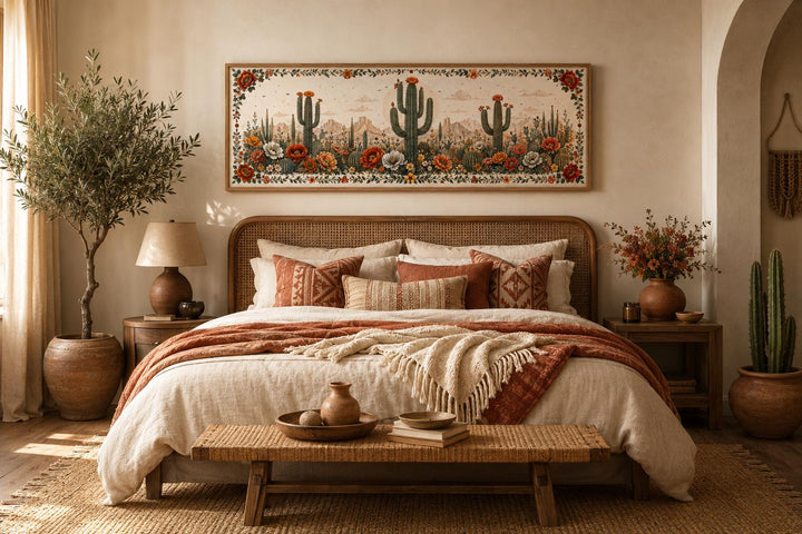 Long narrow canvas wall art featuring blooming saguaro cacti in a warm Southwestern desert landscape