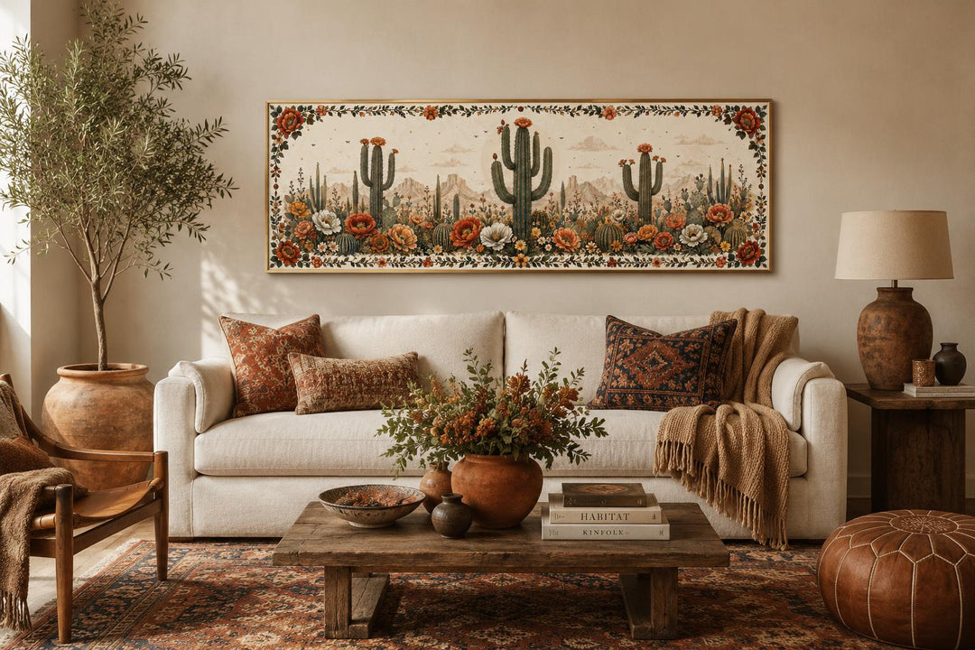 Long narrow canvas wall art featuring blooming saguaro cacti and desert flowers in a warm room.