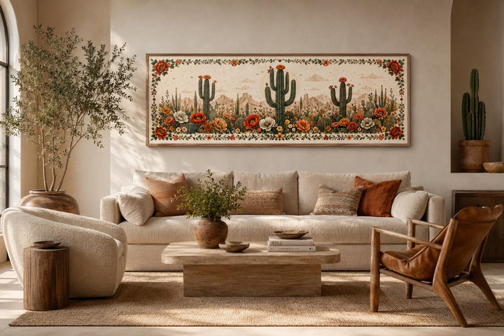 Long narrow canvas wall art of blooming saguaro cacti and desert flowers in a Southwestern room.
