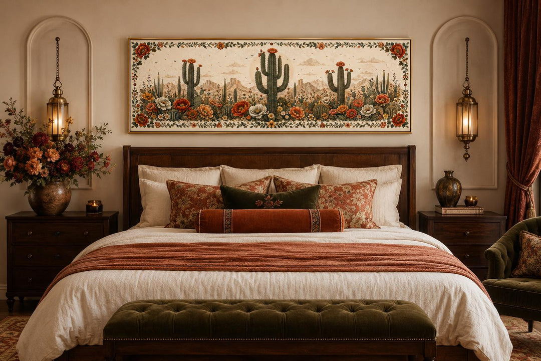 Long narrow canvas wall art of blooming saguaro cacti and desert flowers above a bed.