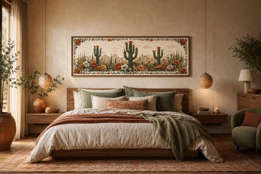 Long narrow canvas wall art of blooming saguaro cacti and desert flowers above a bed.