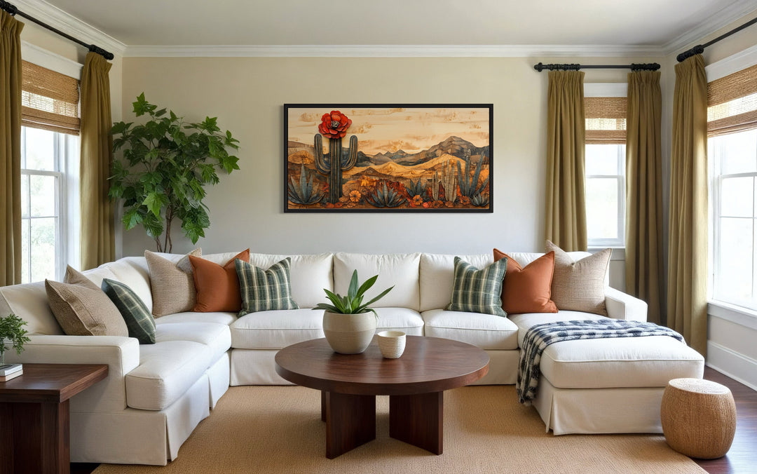 Desert With Blooming Cactus Southwestern Wood Style Framed Canvas Wall Art