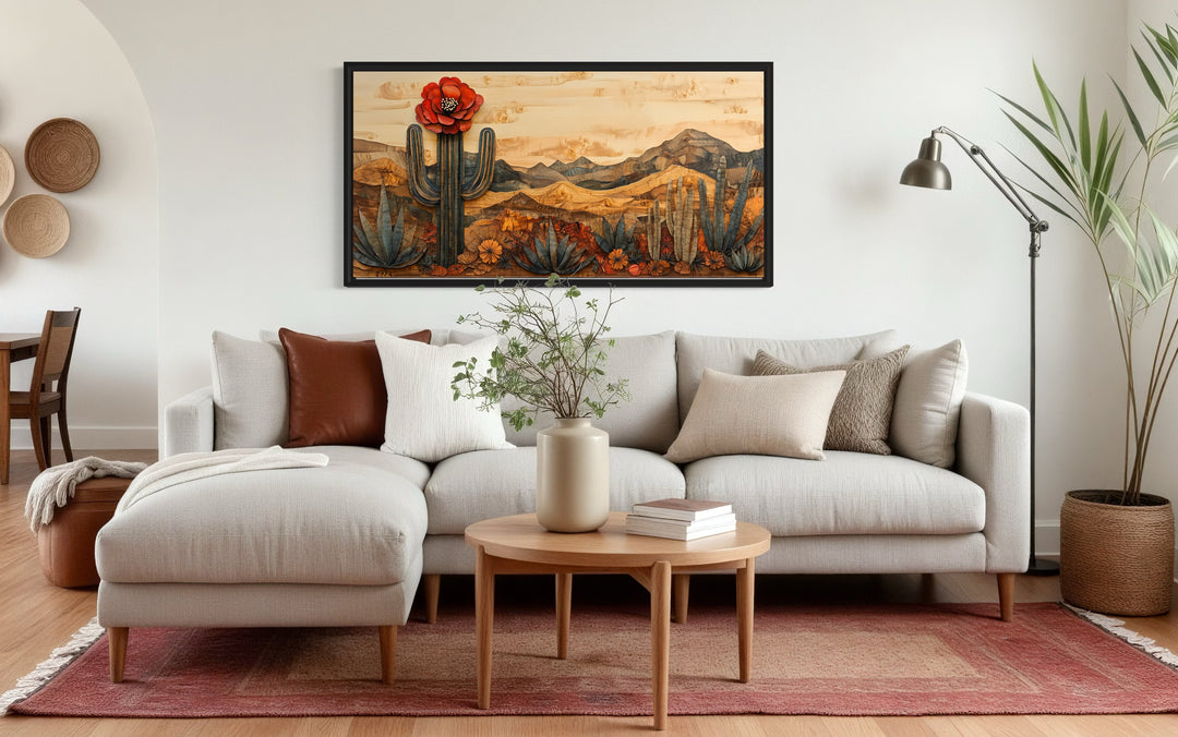 Desert With Blooming Cactus Southwestern Wood Style Framed Canvas Wall Art