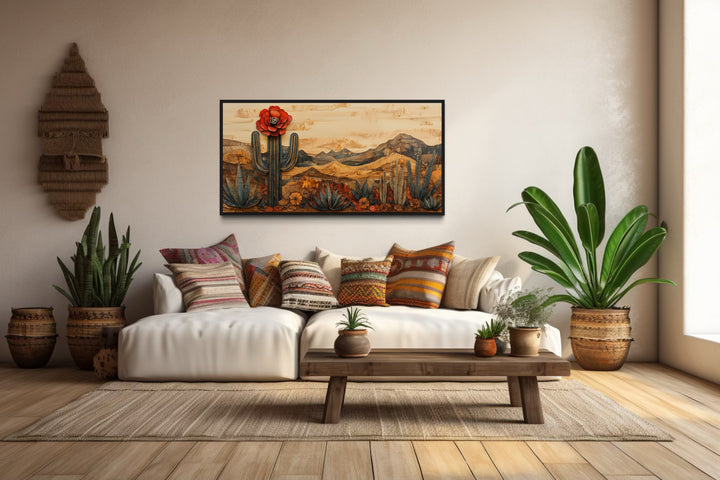 Desert With Blooming Cactus Southwestern Wood Style Framed Canvas Wall Art