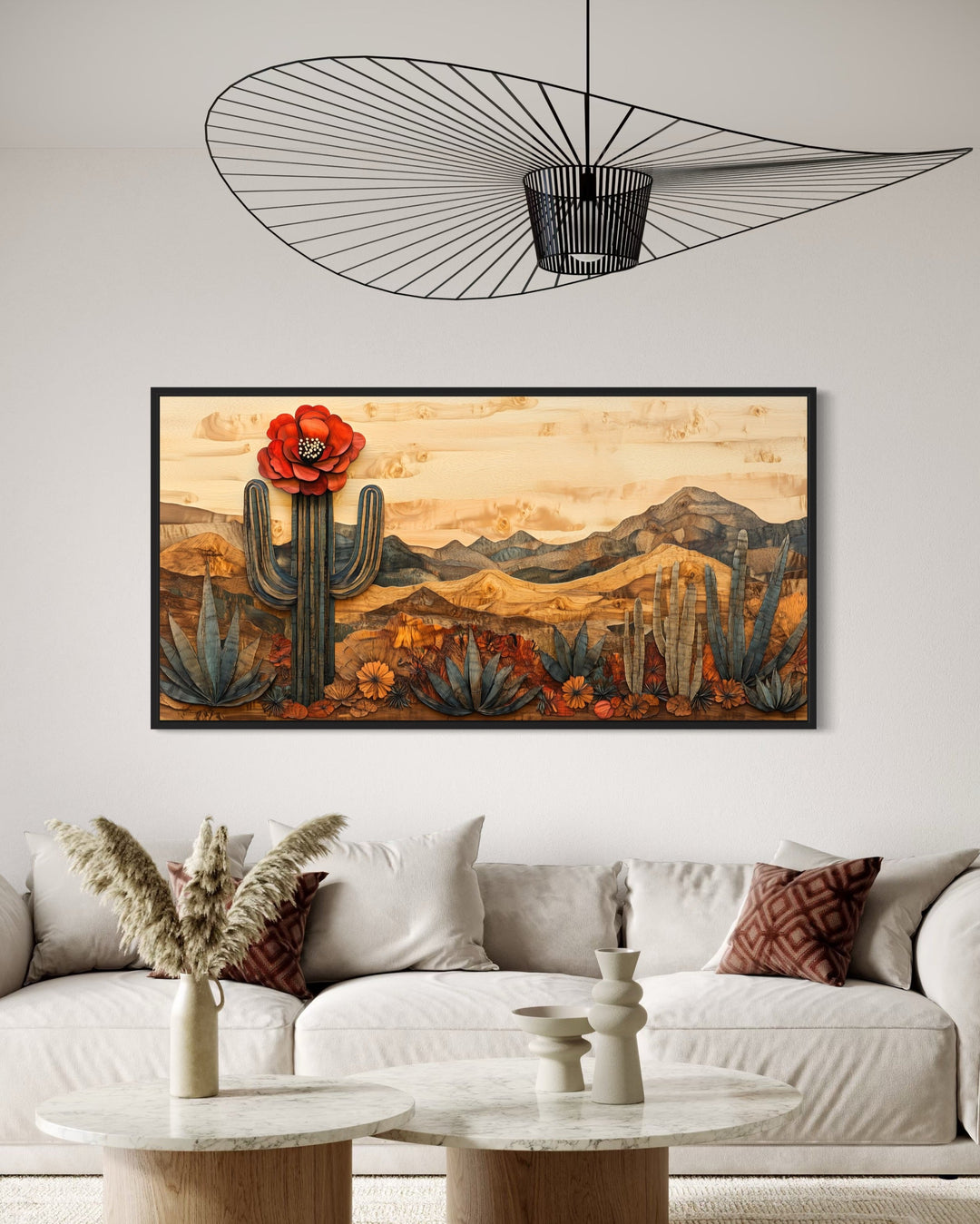 Desert With Blooming Cactus Southwestern Wood Style Framed Canvas Wall Art