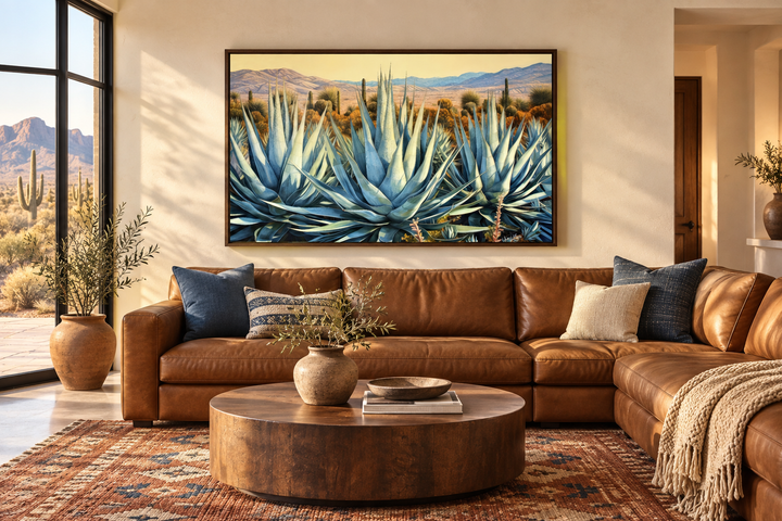 Desert Agave Mexican Framed Canvas Wall Art above a brown leather sofa in a desert-style room.