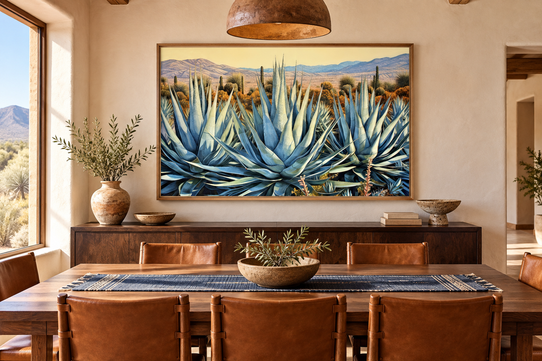 Desert Agave Mexican Framed Canvas Wall Art featuring blue agave plants in a desert landscape.