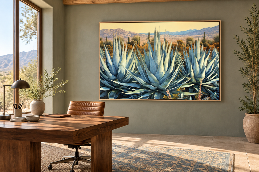 Desert Agave Mexican Framed Canvas Wall Art featuring blue agave plants in a sunlit desert landscape