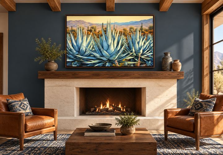 Desert Agave Mexican Framed Canvas Wall Art above a fireplace in a Southwestern living room.