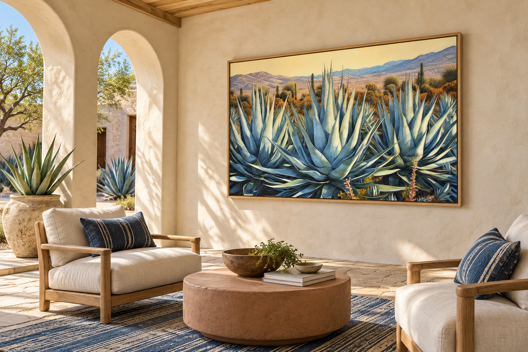 Desert Agave Mexican framed canvas wall art in a Southwestern-style living room.