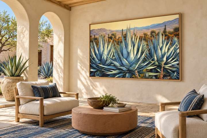 Desert Agave Mexican framed canvas wall art in a Southwestern-style living room.