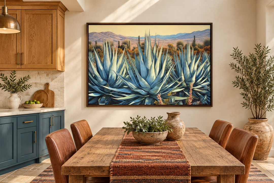 Desert Agave Mexican Framed Canvas Wall Art featuring blue agave plants in a desert landscape.