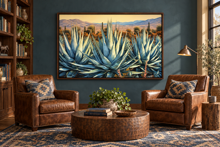 Desert Agave Mexican Framed Canvas Wall Art above two leather chairs in a rustic living room.