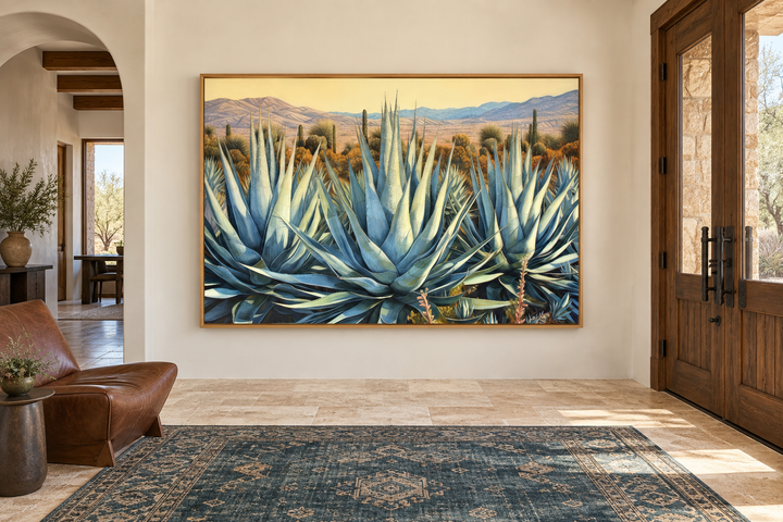 Desert Agave Mexican Framed Canvas Wall Art featuring blue agave plants in a sunlit desert scene.