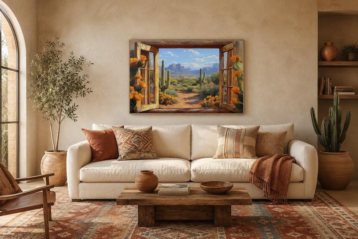 Desert cactus window view canvas wall art above a white sofa in a Southwestern style living room.