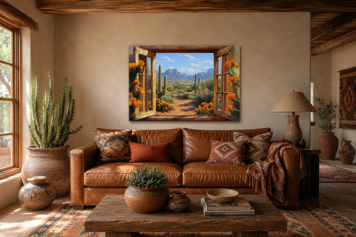 Southwestern desert cactus window view canvas wall art above a leather sofa in a rustic living room.