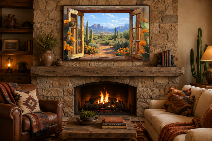 Desert cactus window view canvas wall art above a stone fireplace in a rustic living room.