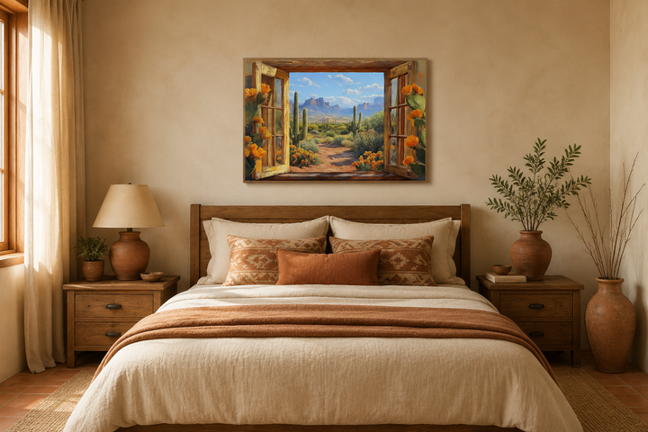 Desert cactus window view canvas wall art above a bed in a Southwestern-style bedroom.
