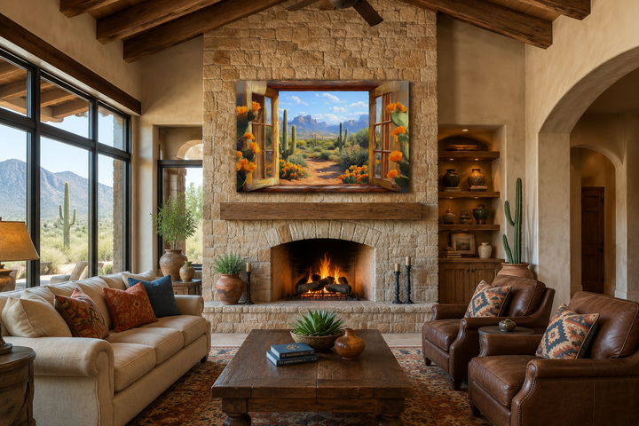 Desert cactus window view canvas wall art above a fireplace in a rustic Southwestern living room.