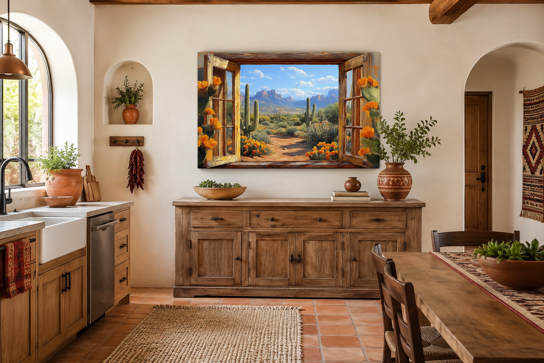 Desert cactus window view canvas wall art in a rustic Southwestern kitchen with wooden cabinets.