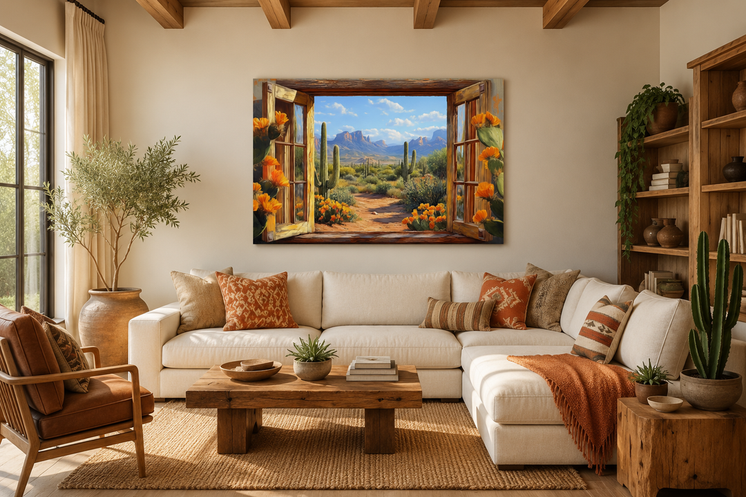 Desert cactus window view canvas wall art in a rustic living room with Southwestern decor.