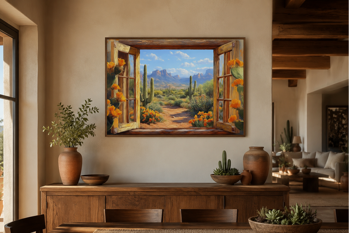 Desert cactus window view canvas wall art featuring a blooming landscape with mountains.