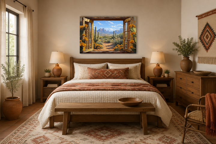 Southwestern desert cactus window view canvas wall art above a bed in a rustic bedroom.