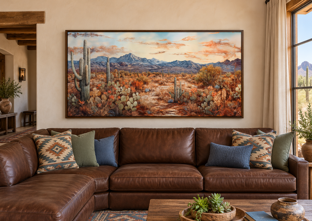 Southwestern desert landscape canvas wall art featuring cacti and mountains above a leather sofa.