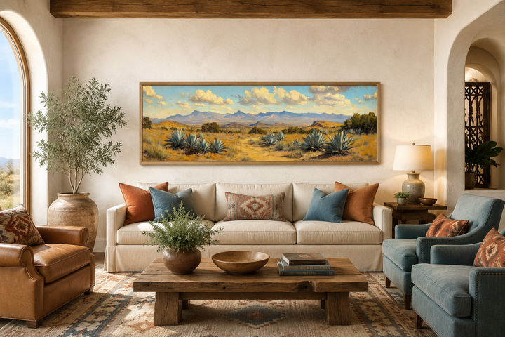 Agave in the Desert long horizontal framed canvas wall art above a sofa in a Southwestern living room