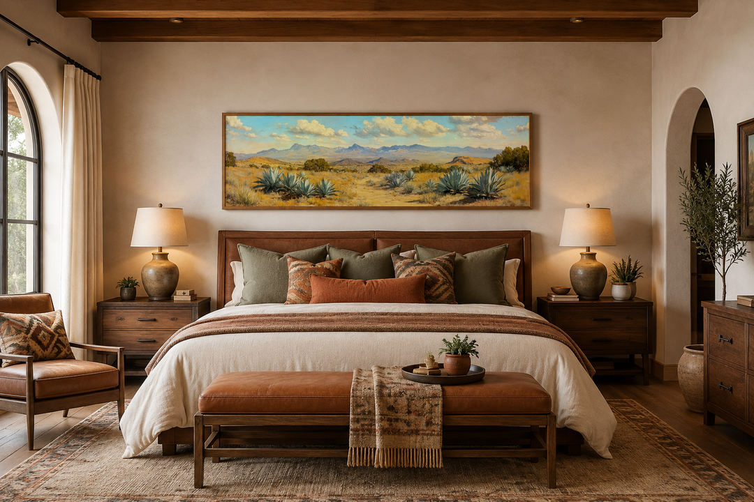 Agave in the Desert long horizontal framed canvas wall art hanging above a bed in a rustic bedroom.