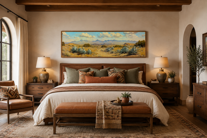 Agave in the Desert long horizontal framed canvas wall art hanging above a bed in a rustic bedroom.