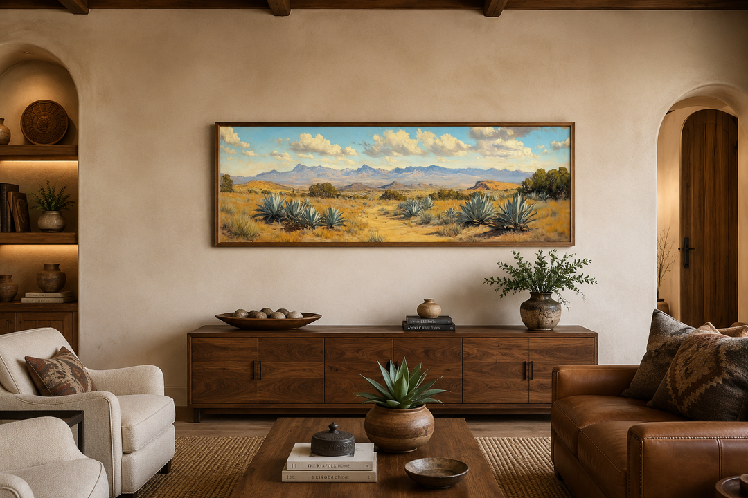 Agave in the Desert long horizontal framed canvas wall art above a wooden sideboard in a living room
