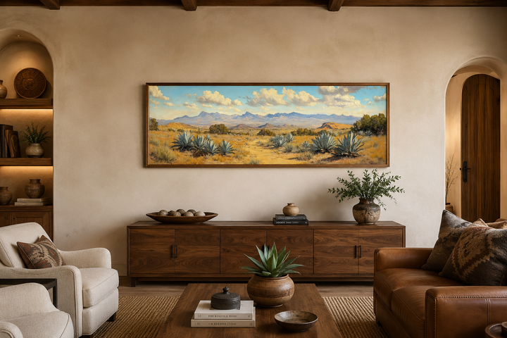 Agave in the Desert long horizontal framed canvas wall art above a wooden sideboard in a living room