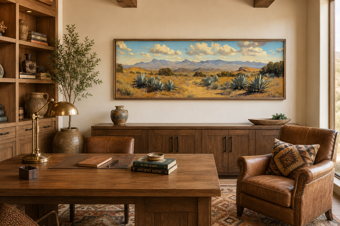 Agave in the Desert long horizontal framed canvas wall art above a wooden office desk.