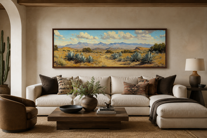 Agave in the Desert long horizontal framed canvas wall art above a white sectional sofa.