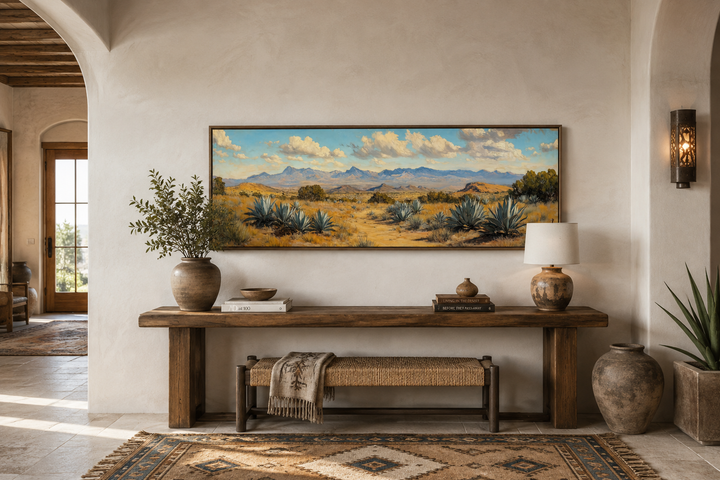 Agave in the Desert long horizontal framed canvas wall art above a wooden console table.
