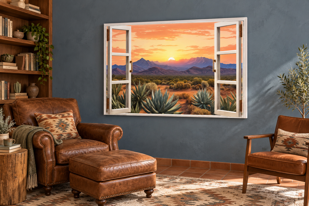 Arizona desert sunset landscape framed canvas wall art designed as an open window view.