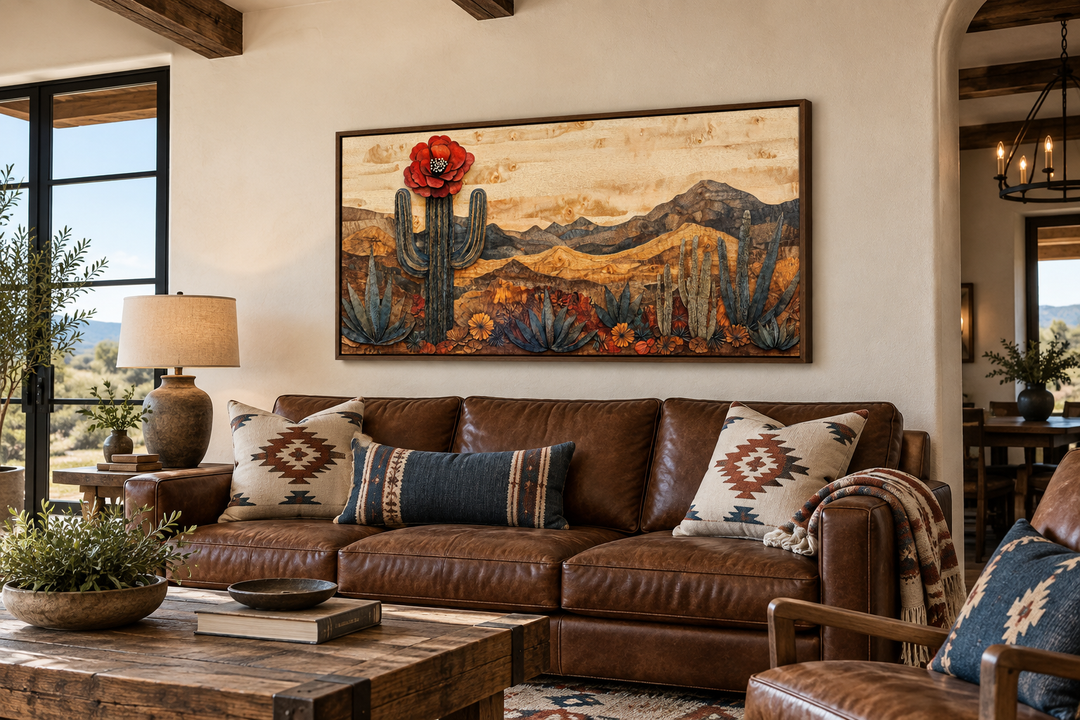 Southwestern framed canvas wall art featuring a desert landscape with a blooming cactus.