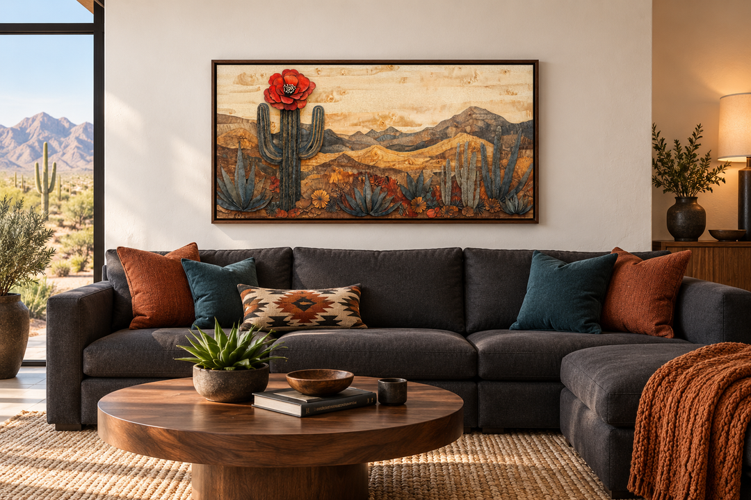Southwestern wood-style framed canvas art of a desert landscape with a blooming cactus over a sofa.