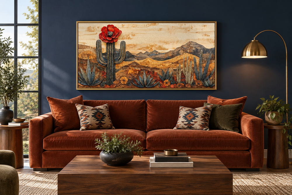 Southwestern framed canvas wall art featuring a desert scene with blooming cacti above a sofa.