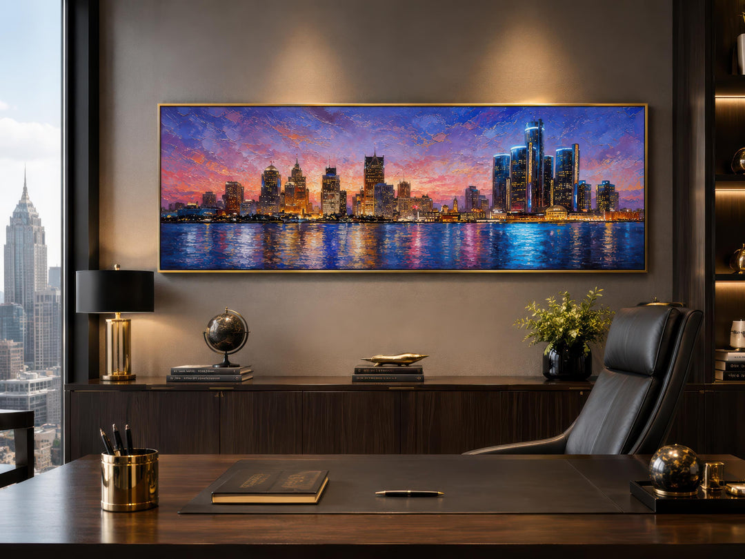 Detroit City Skyline Art – Long Horizontal Canvas Print | Sunset Cityscape Decor