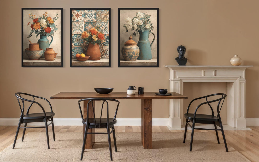 Dining Room Canvas Art – Set of 3 Rustic Kitchen Wall Decor with Floral Pottery