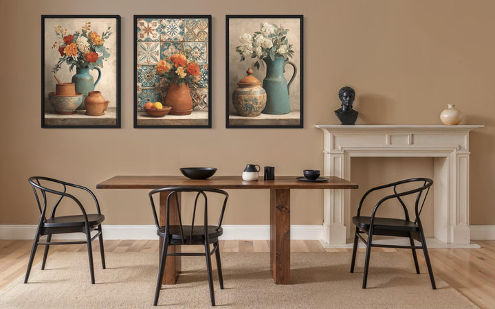 Dining Room Canvas Art – Set of 3 Rustic Kitchen Wall Decor with Floral Pottery