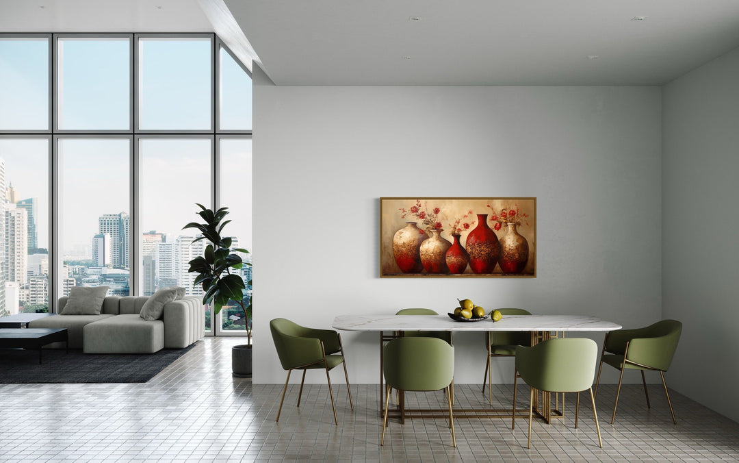 Dining Room Framed Canvas Wall Art Red Gold Vases With Flowers Painting